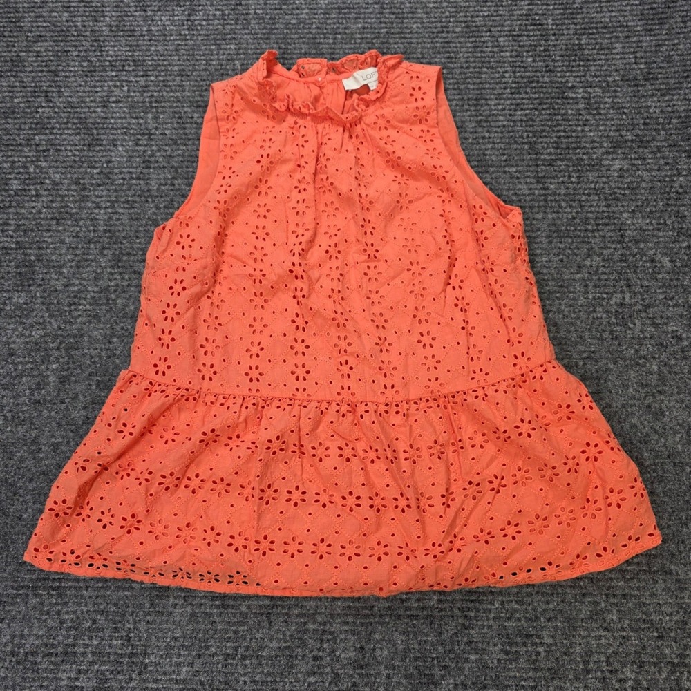 Loft Petites Eyelet Peplum Top Women's Size XSP Orange Ruffle Neck Sleeveles